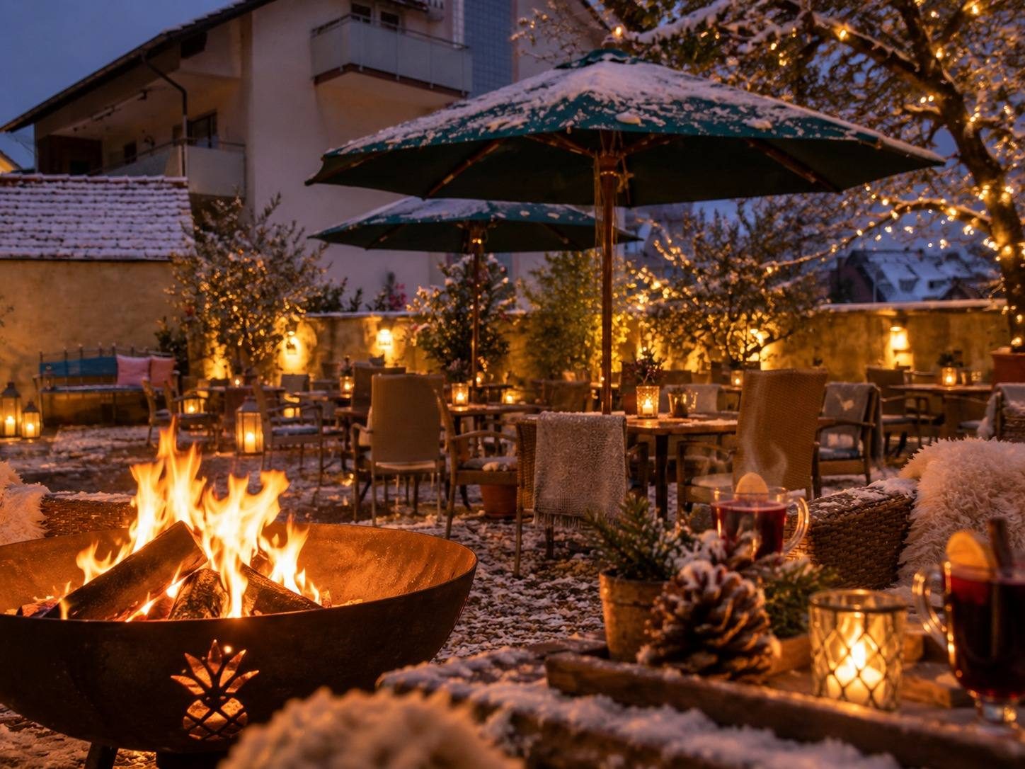 Verschneite Terrasse im Ko'Ono am Abend, mit brennender Feuerschale, Lichterketten und dampfenden Tassen