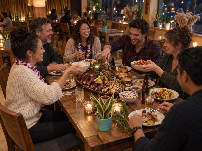 Team bei der Weihnachtsfeier im Ko'Ono-Restaurant: sechs Kolleginnen und Kollegen am Holztisch teilen sich die BBQ-Platte, dazu Kerzenlicht, Beilagen und Bier